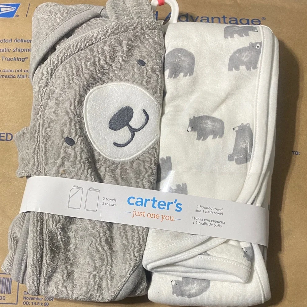 Carter's Gray and White Bear Hooded Towels
